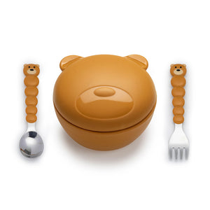 Melii Silicone Bowl With Lid & Utensils - Brown Bear