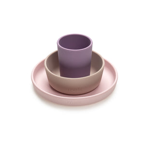 Melii 3 Piece Silicone Meal Set - Plate, Bowl & Cup (Pink, Grey, Purple)