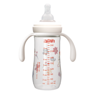 فارلين Grow مع Color PP Wideneck رضاعة أطفال W/Handle, +6m, 270ml, وردي لقطة قريبة | Farlin Grow With Color PP Wideneck Feeding Bottle W/Handle, +6m, 270ml, Pink close-up view