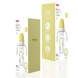 فارلين Grow مع Color PP Wideneck رضاعة أطفال W/Handle, +6m, 270ml, أصفر من الخلف | Farlin Grow With Color PP Wideneck Feeding Bottle W/Handle, +6m, 270ml, Yellow back view