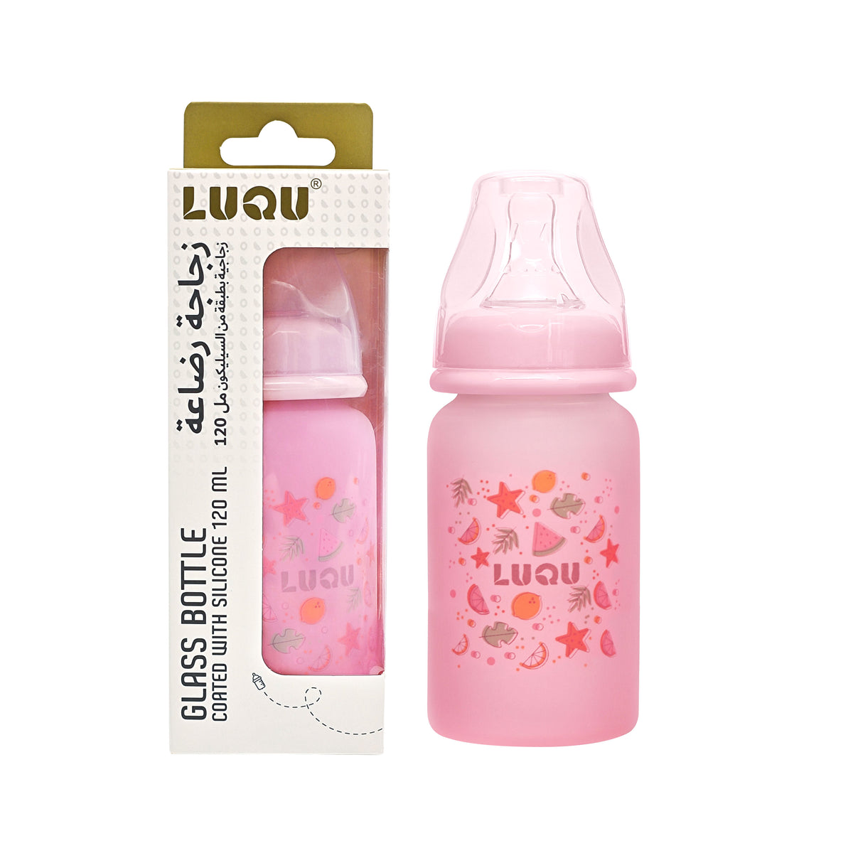 LuQu Silicone Coating (Glass Inside/Silicone Outside) Nursing Bottle, Streamlined Body, Natural Feel, Easy to Clean, Heat-Resistant, 120 ML, +3M - Image 2