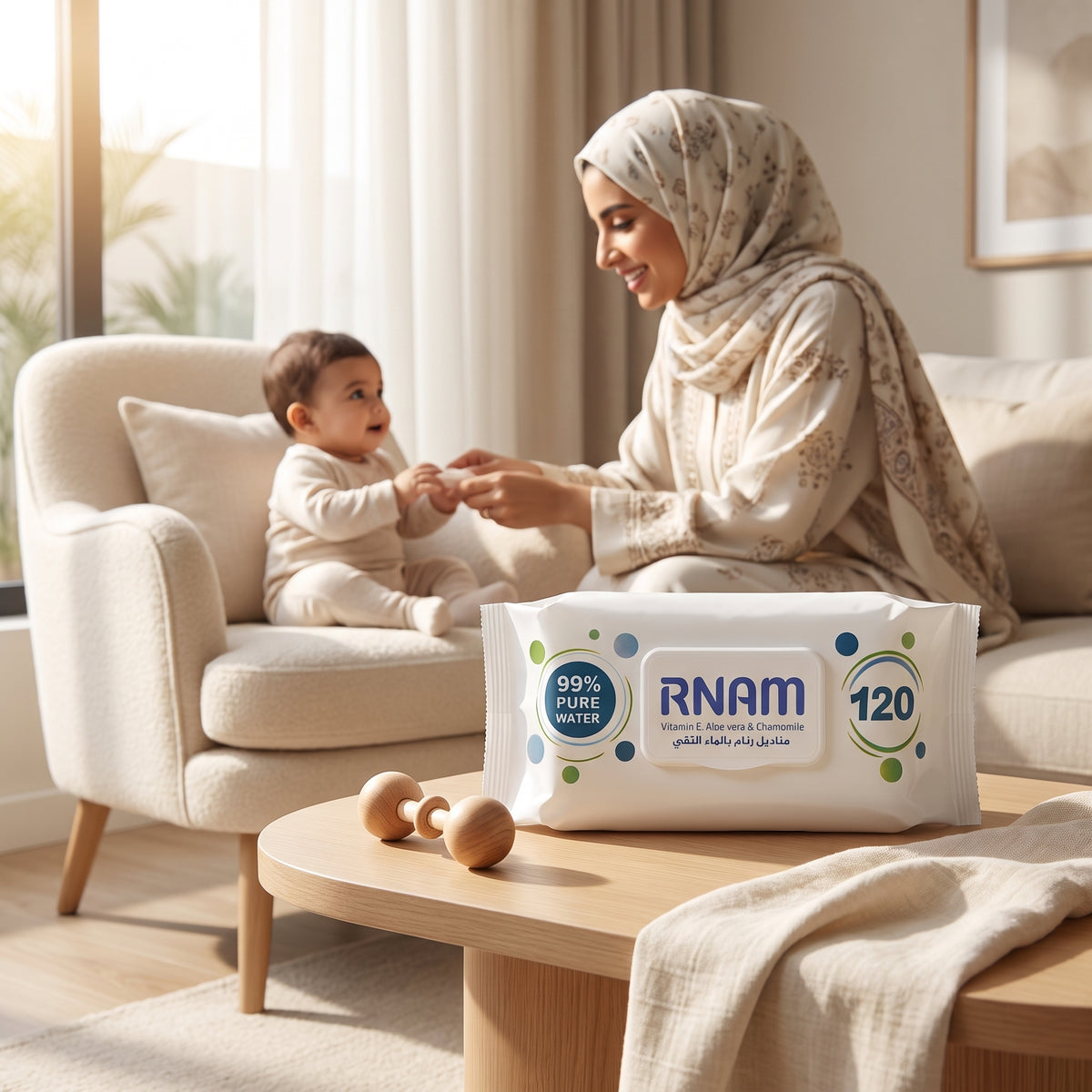مناديل مبللة للأطفال بفيتامين E والألوفيرا والبابونج – ماء نقي بنسبة 99% وخالية من الكحول، 120 منديلًا × 3 عبوات (360 منديلًا)
