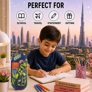 Cocobee Biker Dino Pencil Case With Internal Mesh Pocket, Sturdy Build, Zipper Closure – Boys, 3+ Years, Multicolor