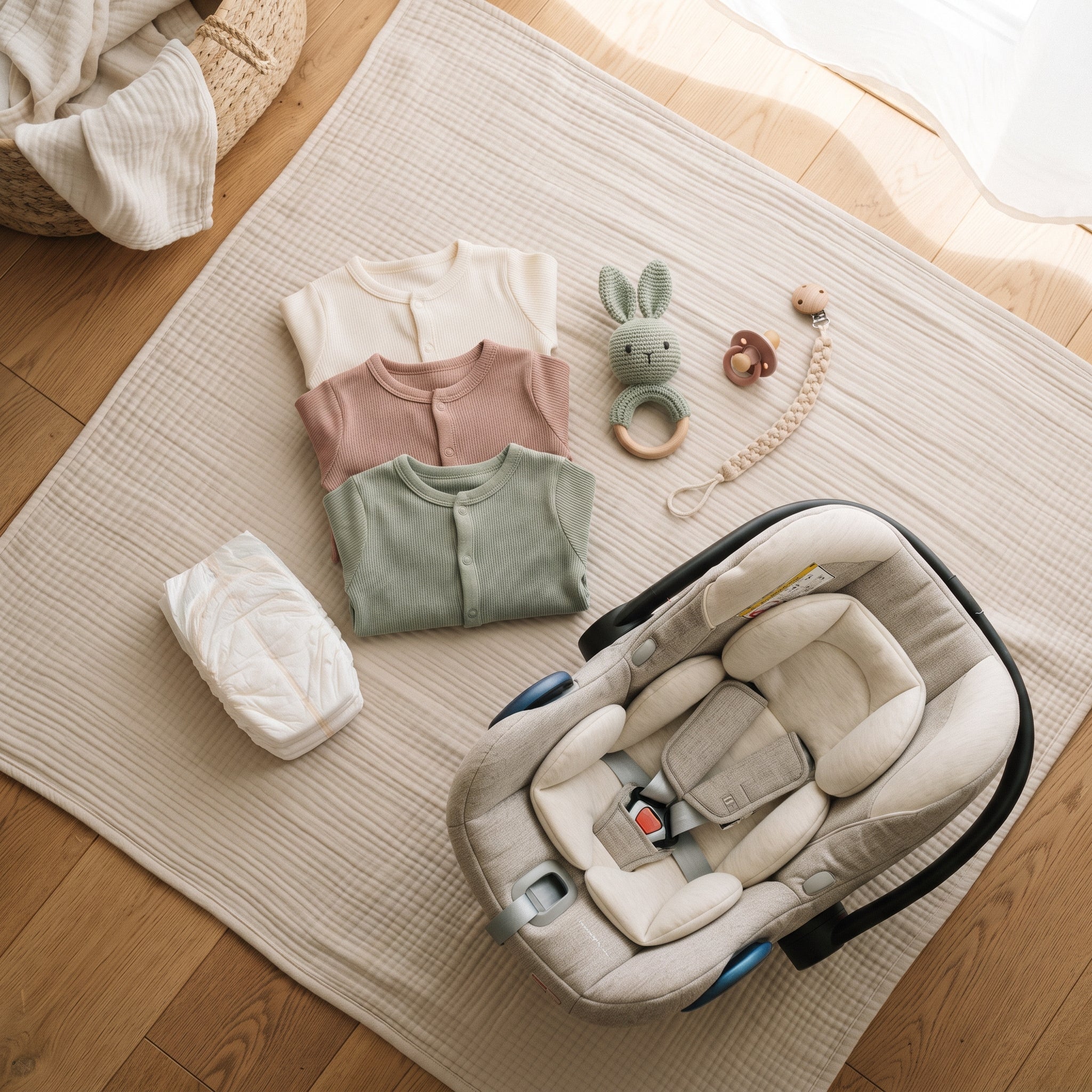 Newborn baby essentials including clothing, diapers, pacifier, rattle toy, and infant car seat | مستلزمات المولود الجديد تشمل الملابس والحفاضات واللهاية ولعبة الخشخشة ومقعد السيارة