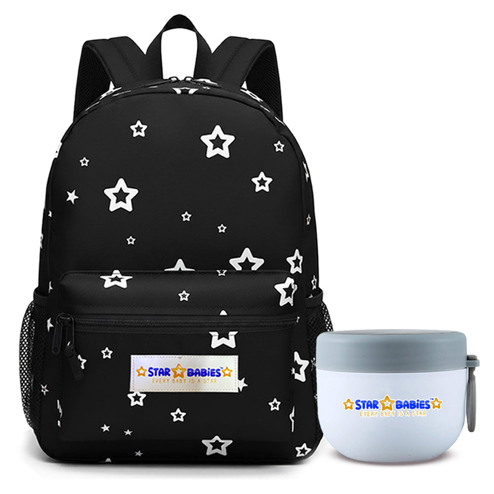 Star Babies School Backpack & Mini Insulated Food Jar Set - Black/Grey - 2 Pcs