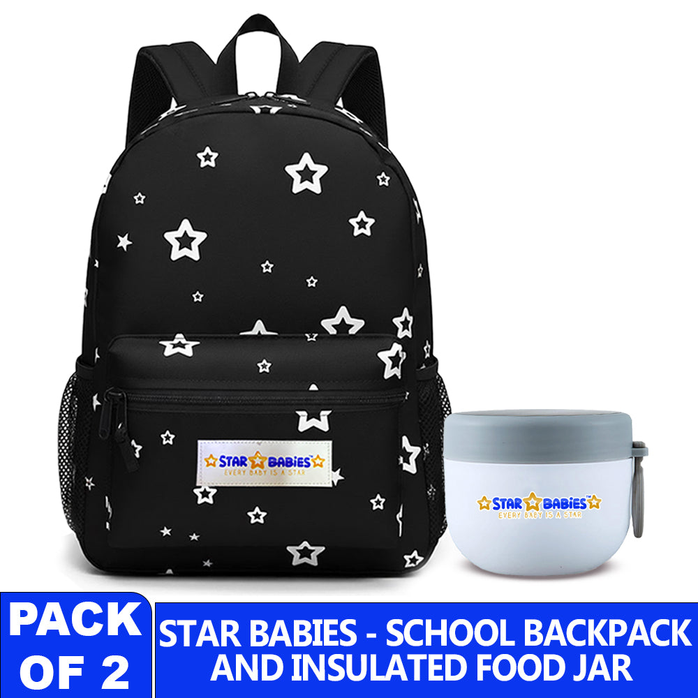 Star Babies School Backpack & Mini Insulated Food Jar Set - Black/Grey - 2 Pcs