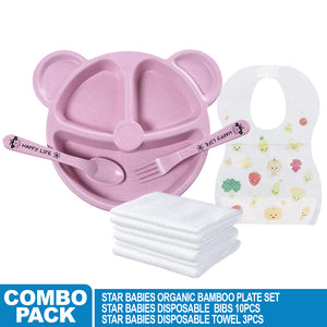 Star Babies Baby Plate & Disposable Towel 3pcs & Bibs 10pcs - Pink