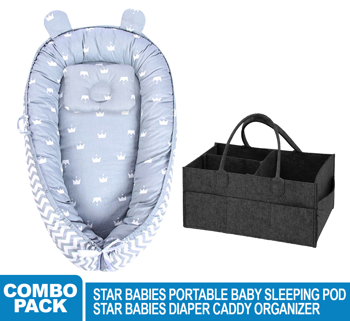 Star Babies Baby Bed Sleeping Pod - Blue with Caddy Diaper Organizer - Black