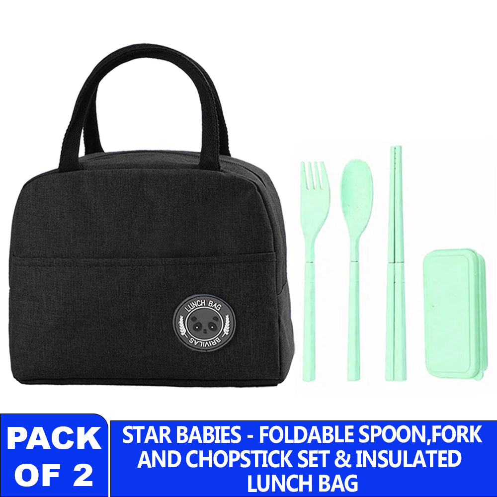 Star Babies Insulated Mini Lunch Bag with Foldable Fork- Spoon Set Blac & green