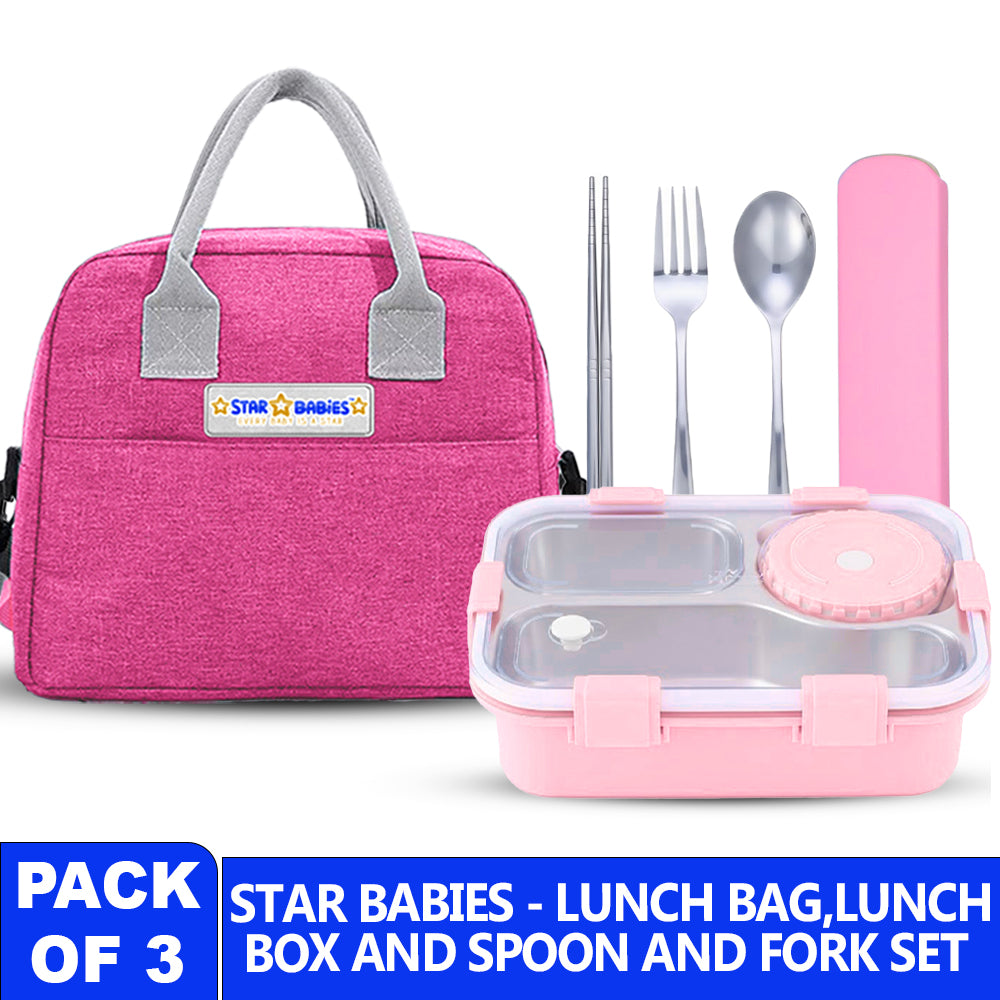 Star Babies -Insulated Lunch Bag with 304 Stainless Steel Bento Lunch Box – 4-Compartment Leak-Resistant Food Container with Stainless Steel Cutlery Set