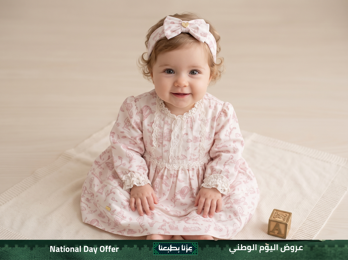 فستان بناتي وردي مع ربطة رأس – طقم من قطعتين