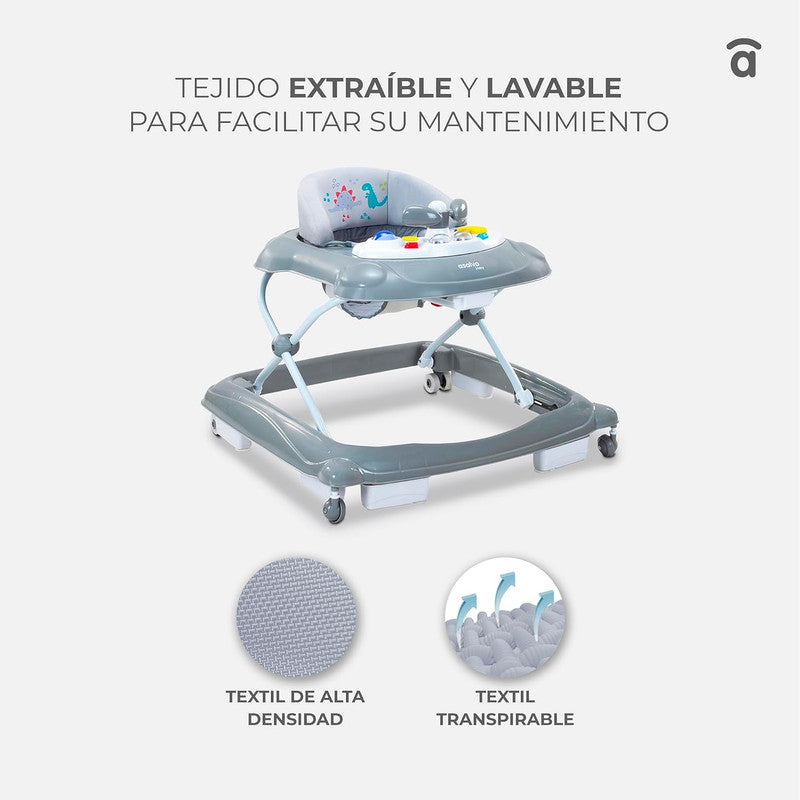 Asalvo Diver Baby Walker, 12 Melodies, LED Lights, 3 Heights, 6-12 months, Stars Grey