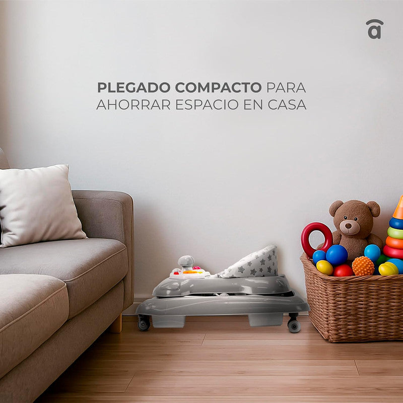 Asalvo Diver Baby Walker, 12 Melodies, LED Lights, 3 Heights, 6-12 months, Stars Grey