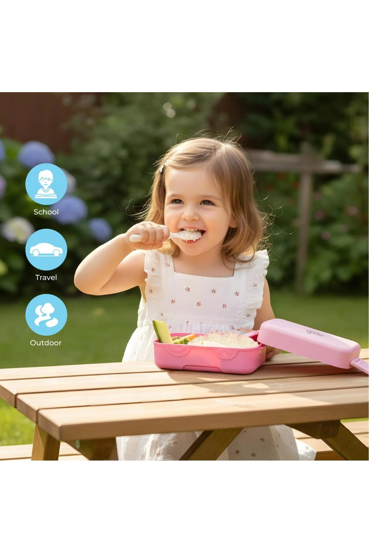MOON Fiesta Kids Two-Tier Bento Lunch Box – BPA-Free, Leakproof, Stackable with Spoon & Seasoning Box  -Pink