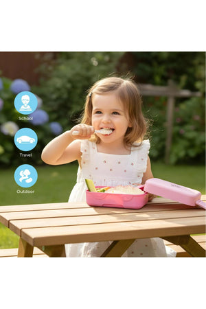 MOON Fiesta Kids Two-Tier Bento Lunch Box – BPA-Free, Leakproof, Stackable with Spoon & Seasoning Box  -Pink