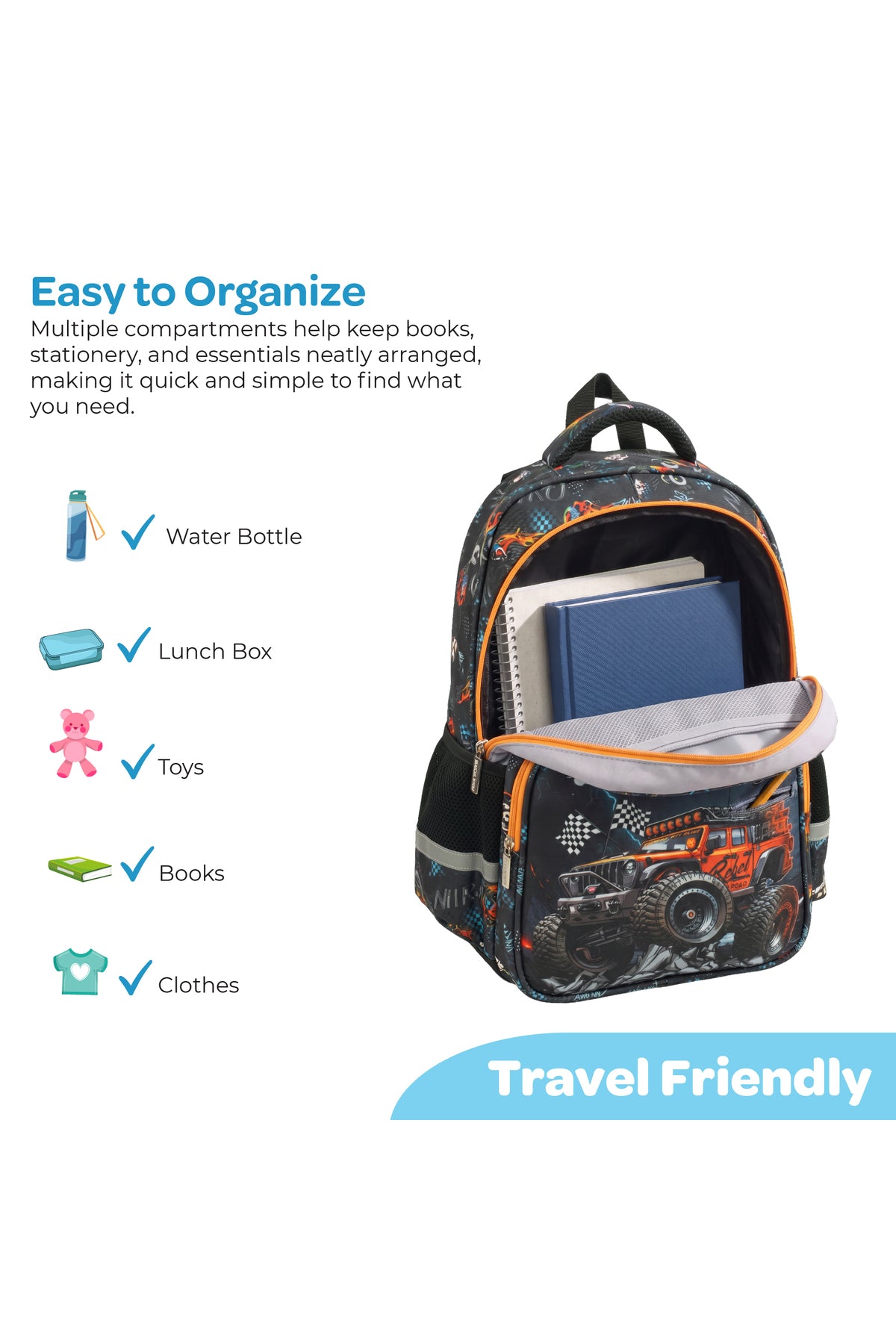 MOON  3 in 1 Kids Backpack  Set   - (16-Inch) Premium Kids School Bag with Lunch Bag & Pencil Case-Racing Car