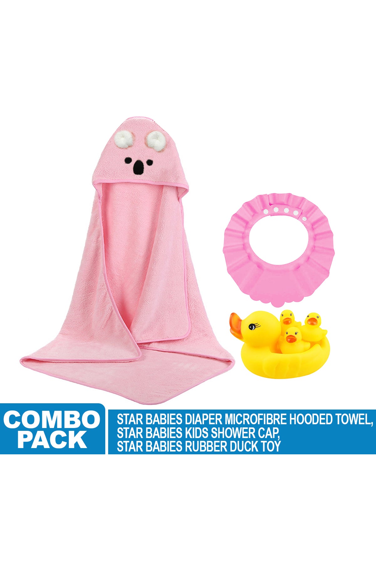Star Babies - Microfiber Hooded Towel and Kids Shower Cap With Rubber duck 4pcs - Pink