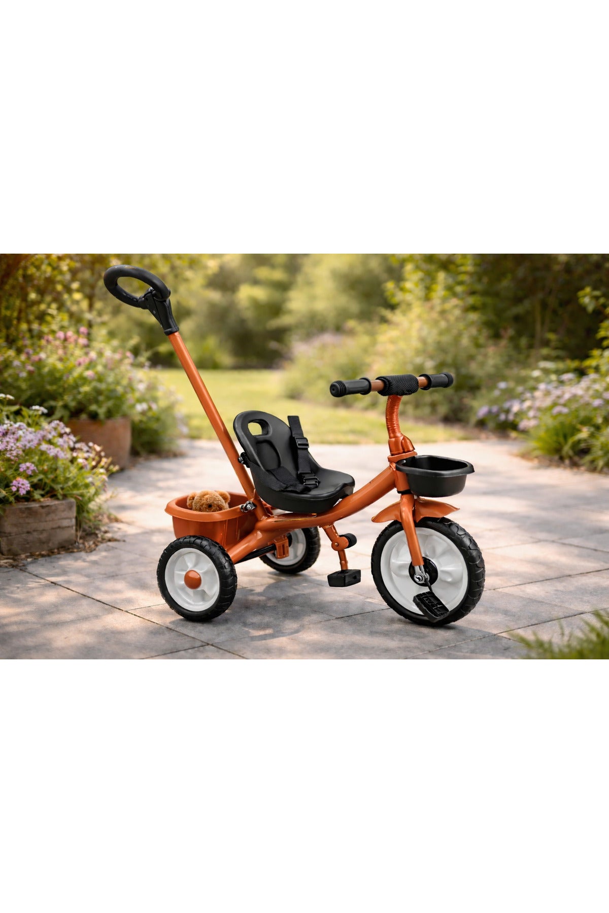 StarMarz Kids Tricycle with Push Handle | Toddler Ride-On Bike with Safety Seat, Backrest & Storage Basket | Baby Trike for Boys & Girls (1–4 Years) - Brown