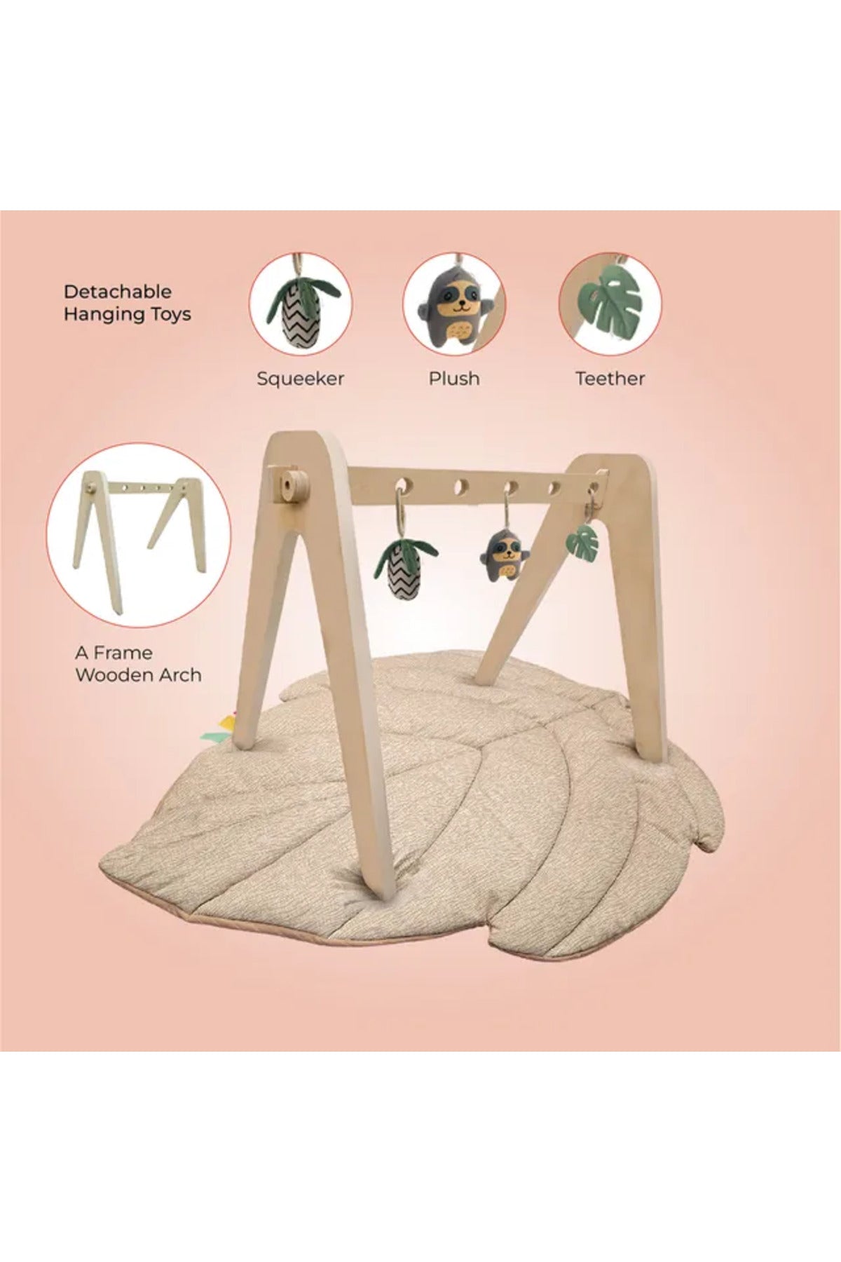 MOON Natures Nook Maple Leaf Shaped Baby Playmat with Wooden 'A' Frame Arch-Tummy Time for 6M+ Toddlers - Beige
