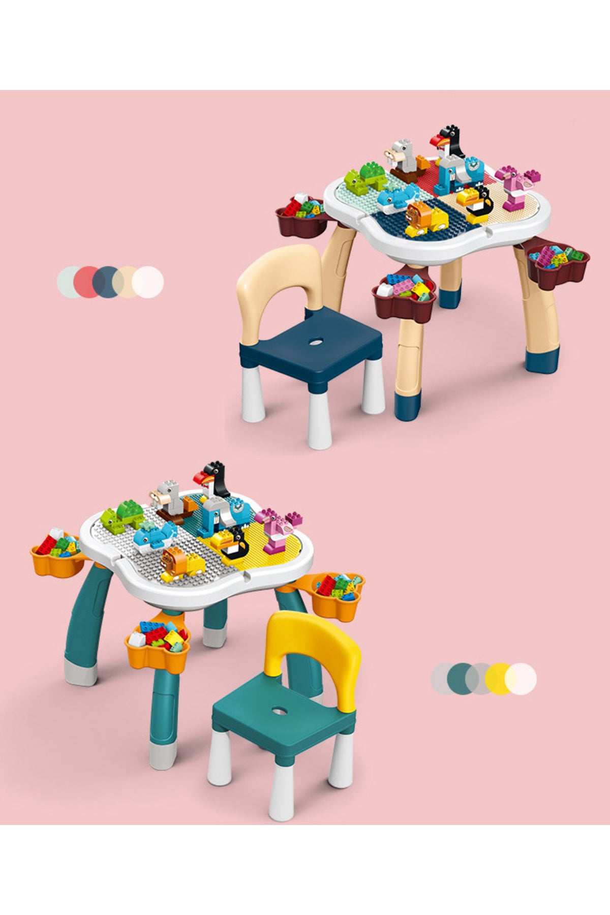 Kikibebe Plum Blossom Shape Building Block Table With Chair – 100 Pieces Building Blocks – Deep Lake Green