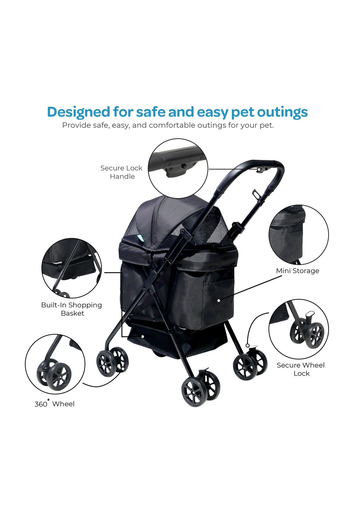 Moon  PawPerch Pet Stroller , Lightweight Foldable | Storage Basket & Waterproof Pad-Black