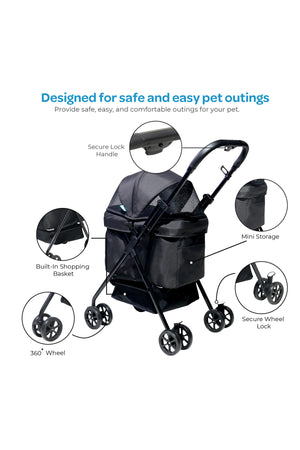 Moon  PawPerch Pet Stroller , Lightweight Foldable | Storage Basket & Waterproof Pad-Black