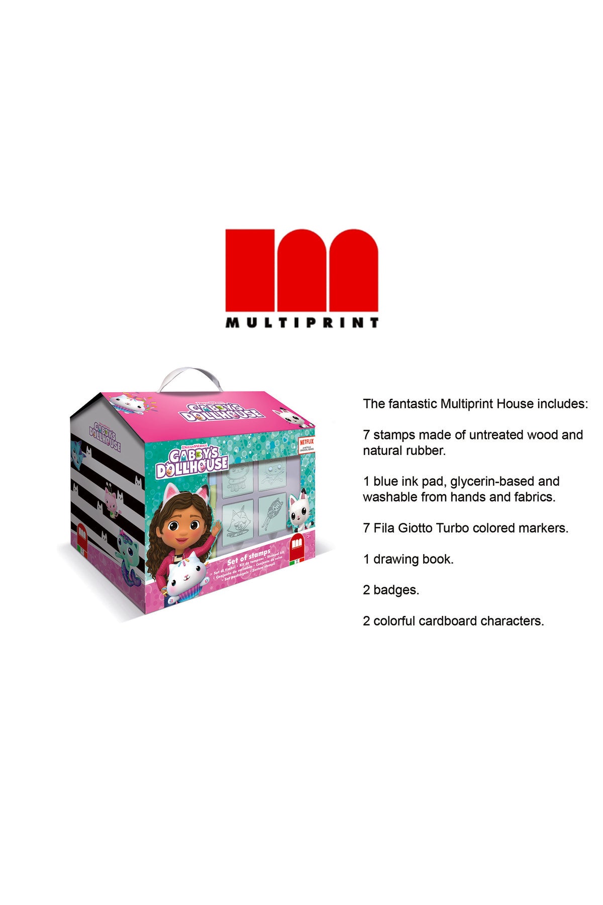 Multiprint Gabbis doll house House – Creative Stamping & Coloring Set for Kids – Includes 7 Wooden Stamps, Washable Ink, 7 Markers, Drawing Book & More – Made in Italy