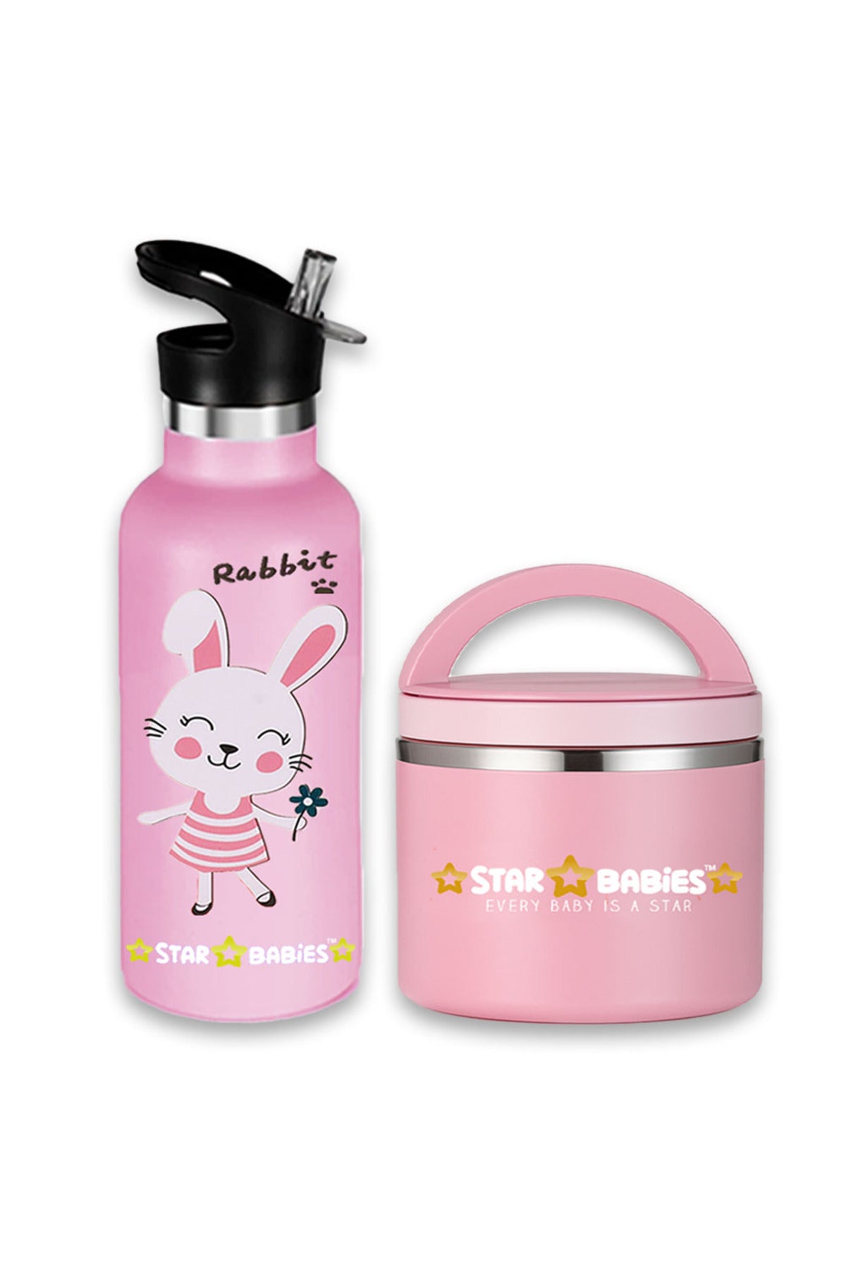 Star Babies Cute Rabbit Theme Anti Spil Stainless Steel 500ml Water Bottles, Vacuum Insulated Double Wall Travel Bottle with Leak-Proof hot and cold with a special Straw 3 to 6 Years-  Pink with food jar -Pink 500ml