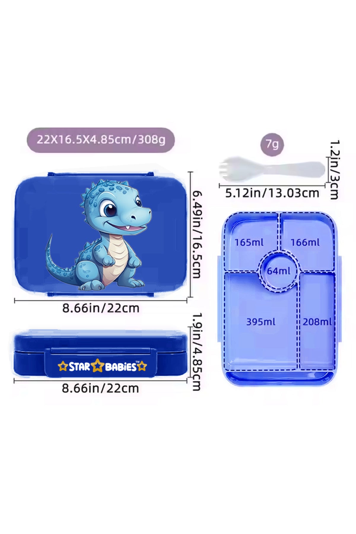 Star Babies - Star Babies Dino Themed Bento Lunch Box with 4 Compartments, BPA Free, Leak-Proof with Stainless Steel Food Jar-500 ml