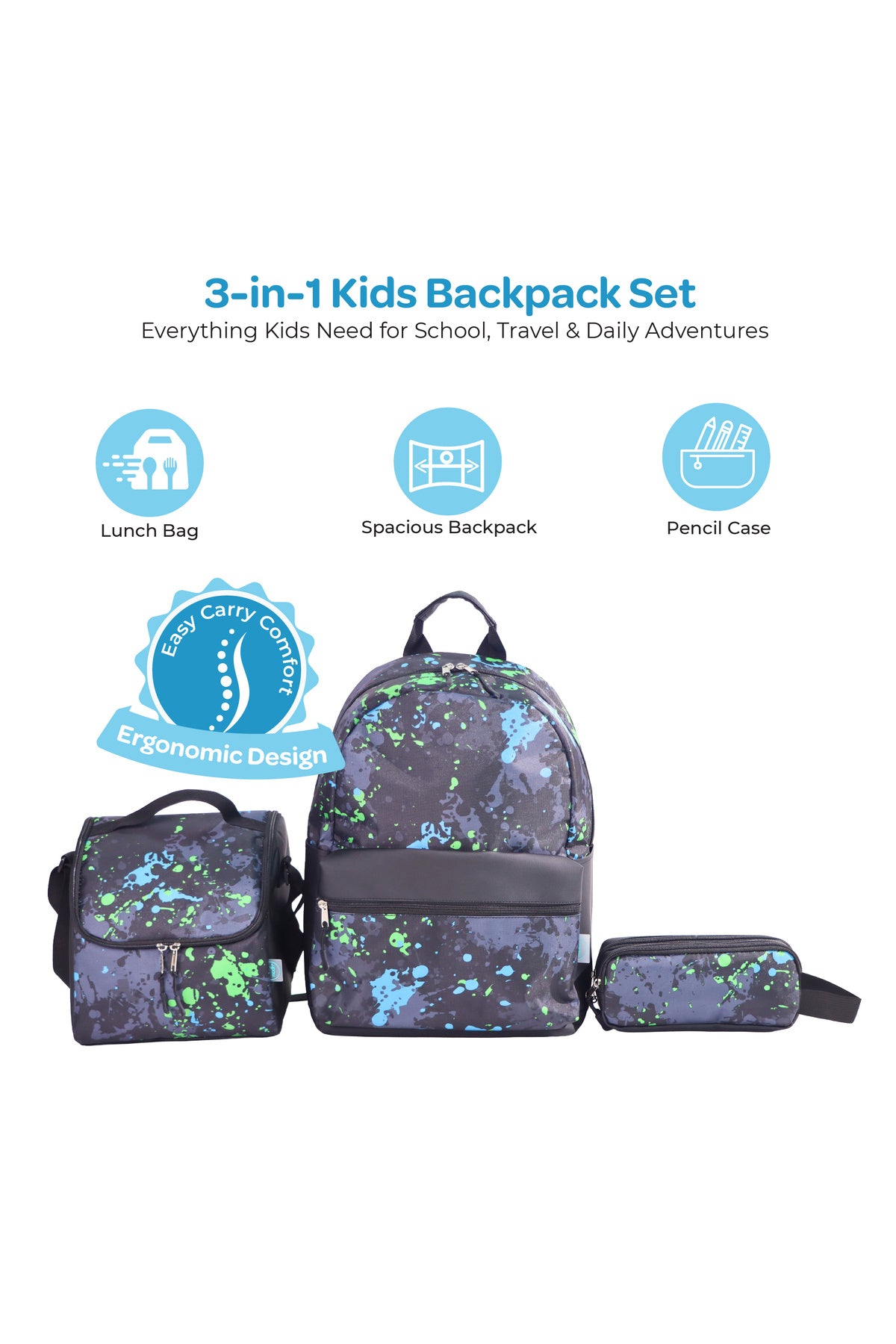 MOON  3 in 1 Kids Backpack  Set   - (17-Inch) Premium Kids School Bag with Lunch Bag & Pencil Case-Black