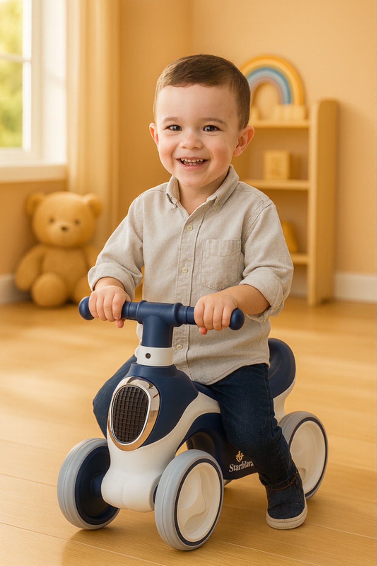 StarMarz Baby Balance Bike – 4-Wheel Toddler Training Bike with Soft Seat, Easy-Grip Handlebar & Silent Wheels – Indoor/Outdoor Ride-On for Babies (10–36 Months) – Blue & White