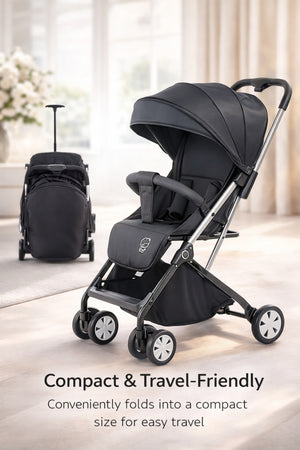 Kikibebe Lightweight Cabin Travel Stroller – Baby Toddler Pushchair with Trolley Handle, Waterproof – Black