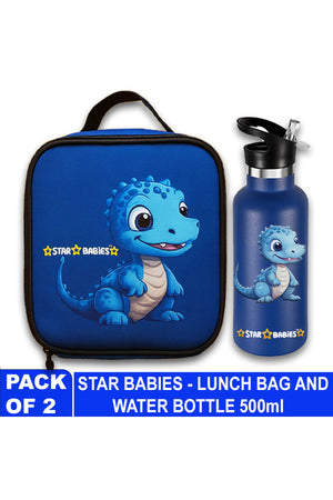 Star Babies Dino Themed Bento Lunch Bag , Toddler-Friendly, 3 Years+, Easy to clean - with 500ml Stainless Steel Water bottle