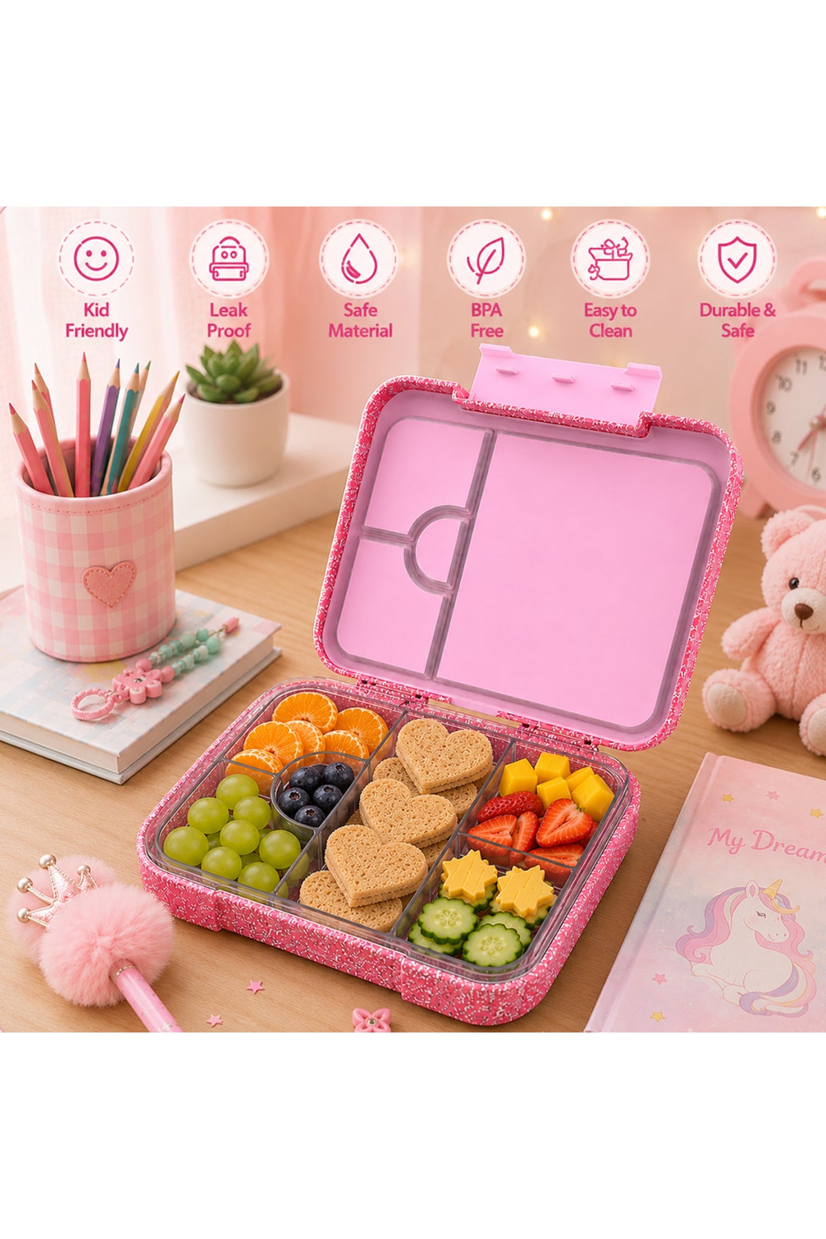 StarMarz Bento Glitter Lunch Box For Kids – Little Princes Edition | 4–6 Compartments, Sandwich Cutters, Fruit Pickers, 1195Ml, Detachable Tray-Pink