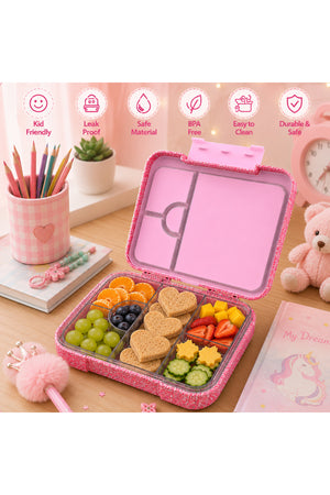 StarMarz Bento Glitter Lunch Box For Kids – Little Princes Edition | 4–6 Compartments, Sandwich Cutters, Fruit Pickers, 1195Ml, Detachable Tray-Pink