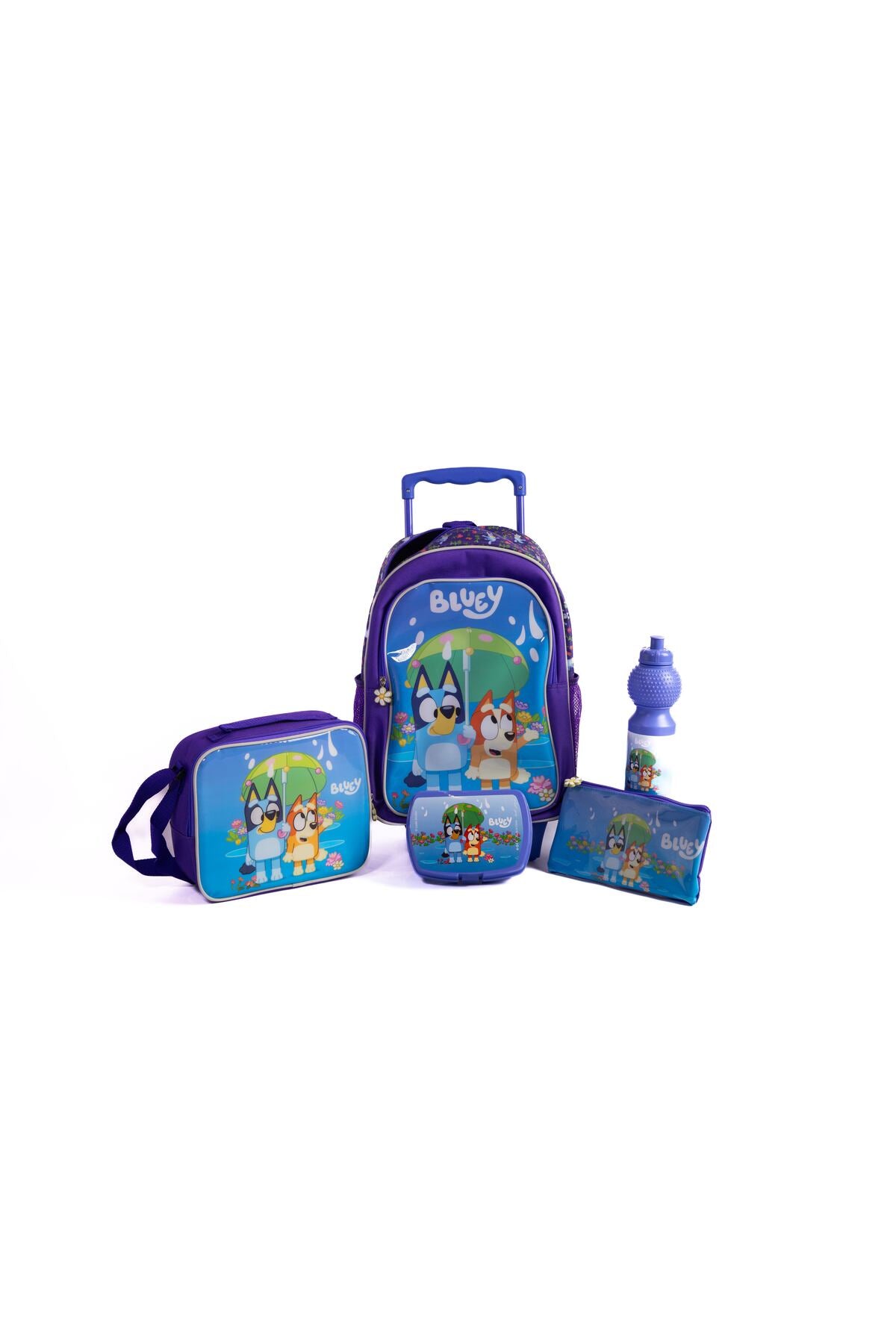 Bluey 16" Trolley Bag Set With Lunch Bag, Pencil Case, Water Bottle & Lunch Box – Blue
