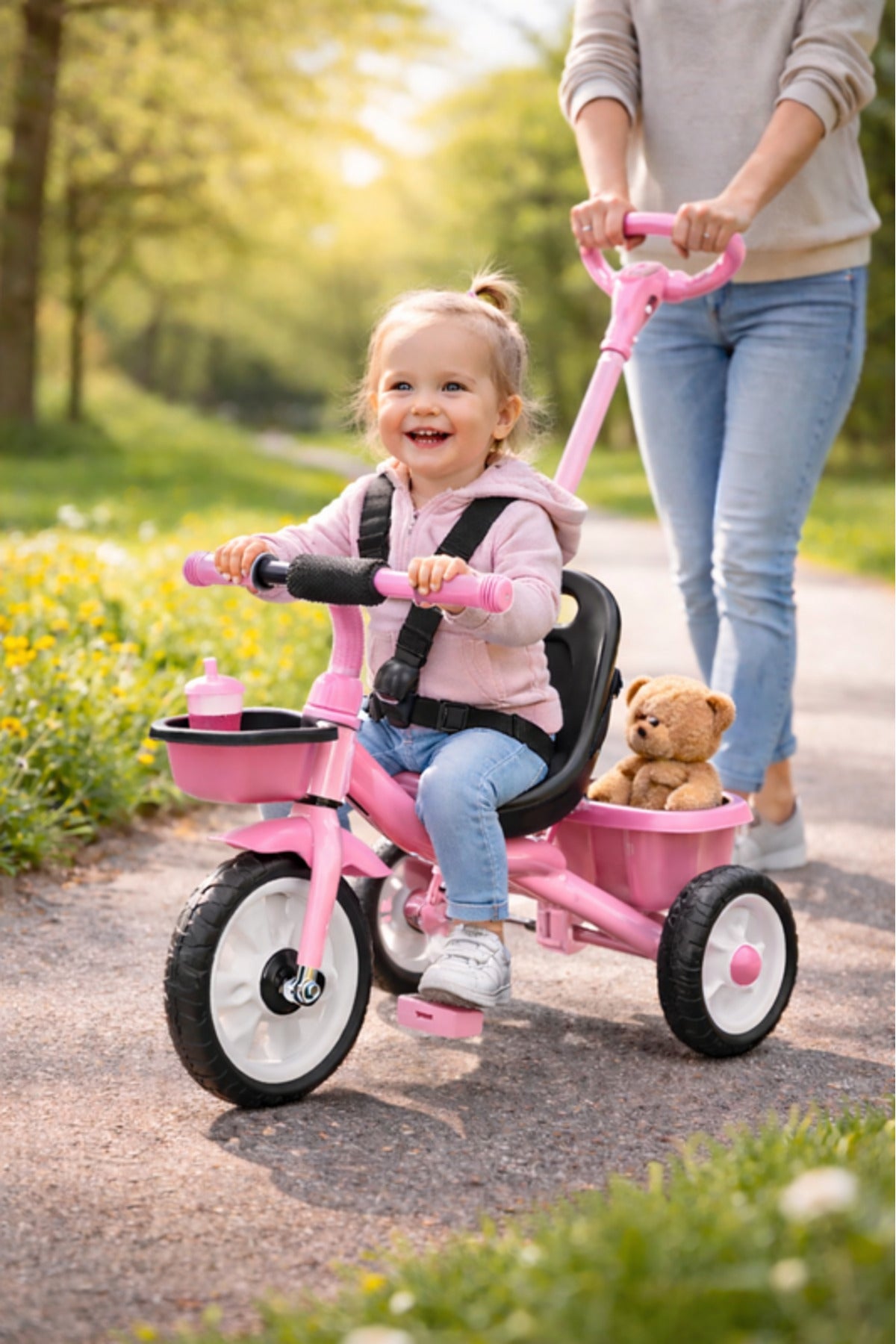 StarMarz Kids Tricycle with Push Handle | Toddler Ride-On Bike with Safety Seat, Backrest & Storage Basket | Baby Trike for Boys & Girls (1–4 Years) - Pink