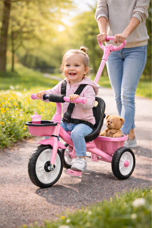 StarMarz Kids Tricycle with Push Handle | Toddler Ride-On Bike with Safety Seat, Backrest & Storage Basket | Baby Trike for Boys & Girls (1–4 Years) - Pink