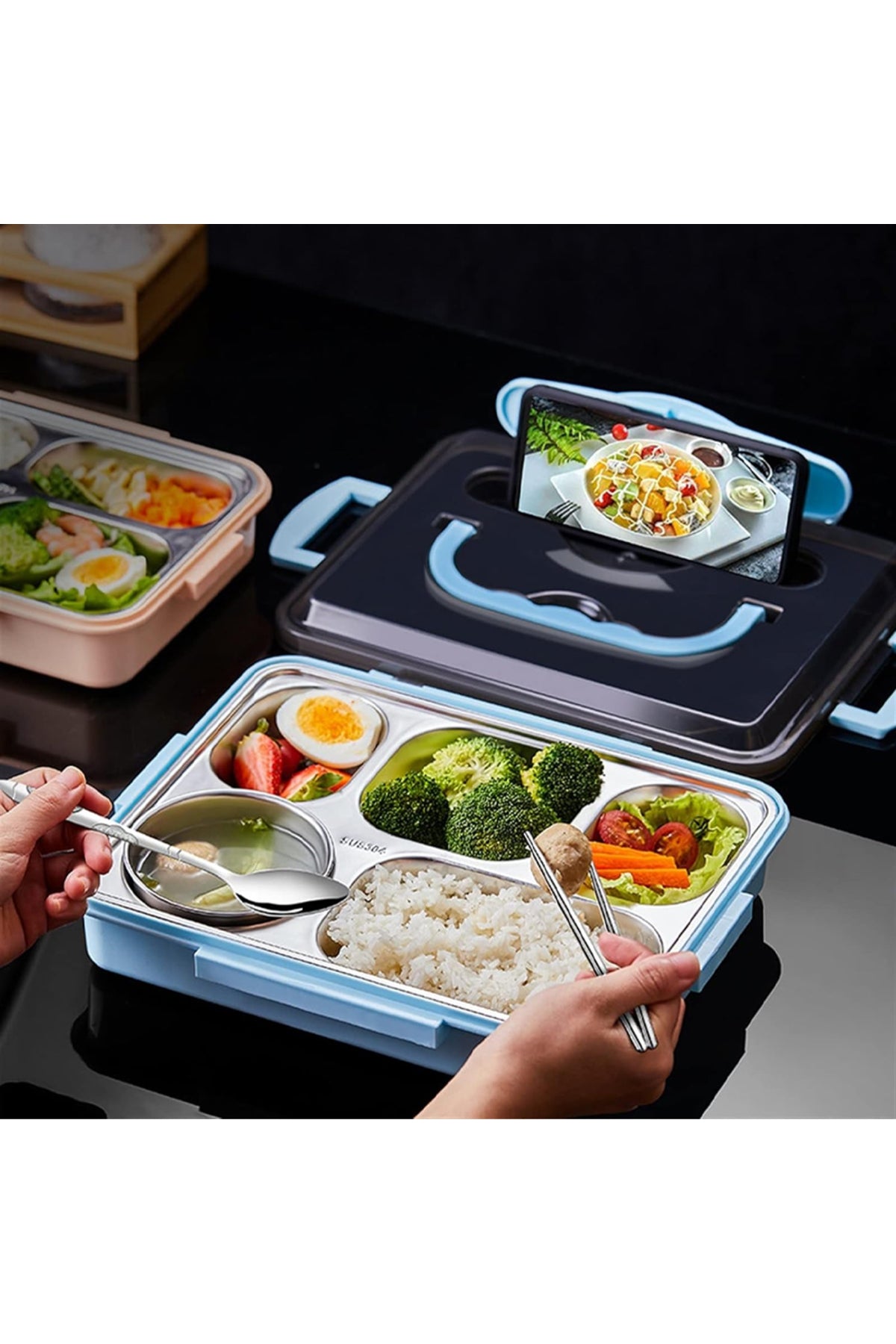 Star Babies Food Grade 304 Stainless Steel Bento Lunch Box with 5 Compartments and Leak-Proof Lid - Blue