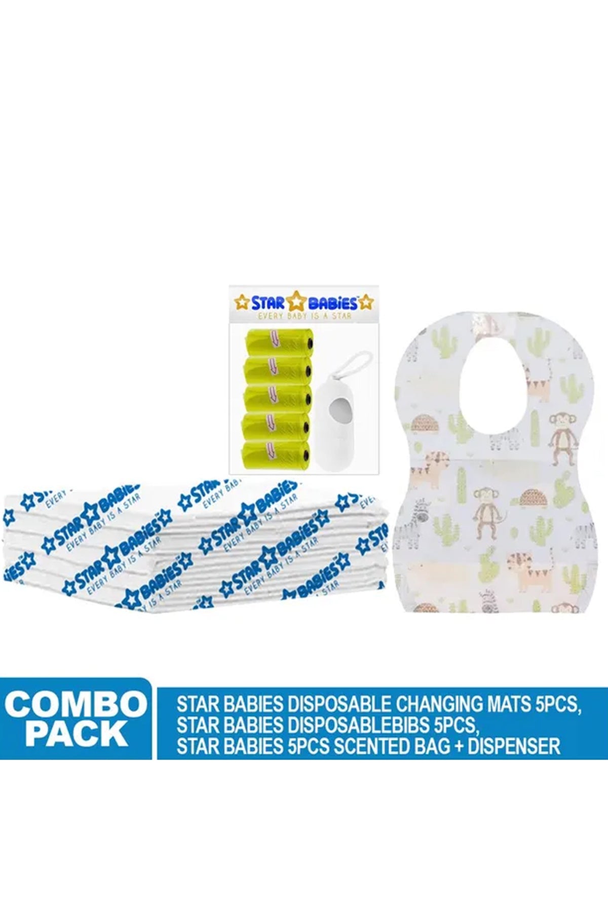 Star Babies - Disposable Changing Mat 5pcs, Bibs 5pcs, Scented Bag With Dispenser - Yellow