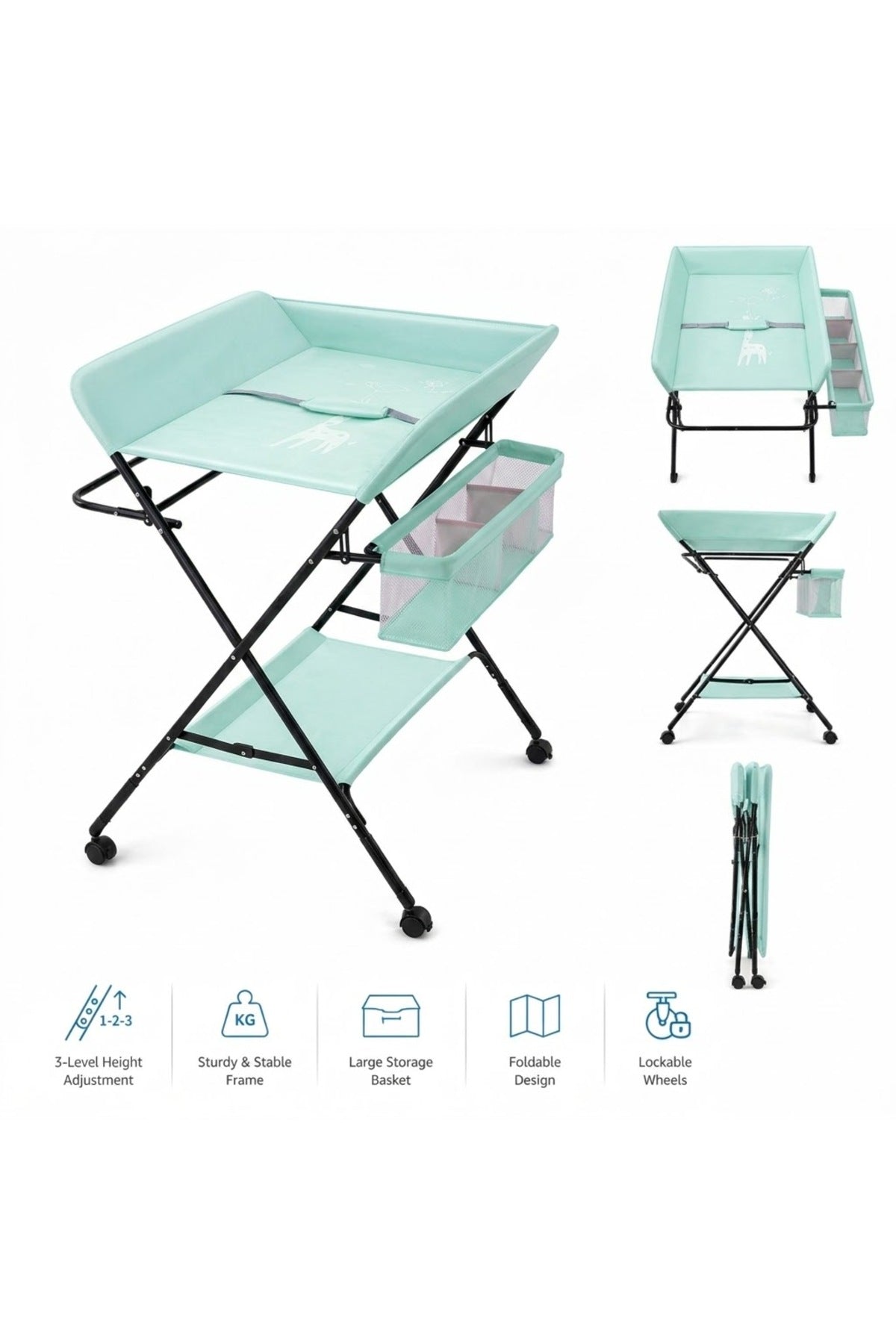 Portable Baby Changing Table with Storage Organizer & Wheels – Green
