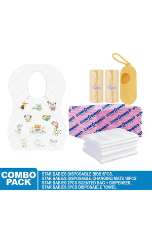 Star Babies - Disposable Bibs Animal Print 5pcs, Disposable Towel 3pcs, Scented Bag 2pcs & Dispenser, Changing Mat 10pcs - Ivory