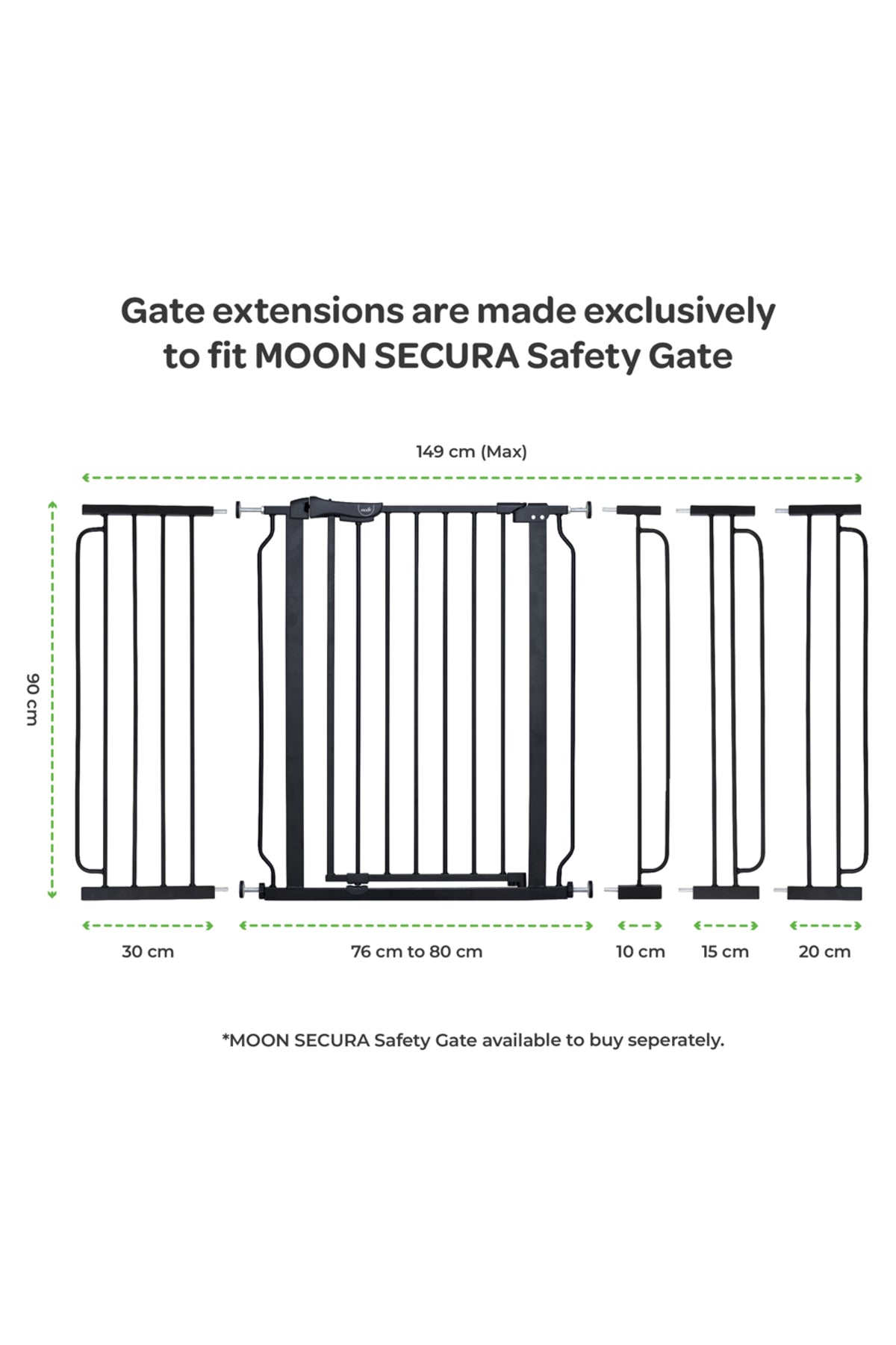 MOON Secura Baby Safety gate extension- 20cm Easy Install-Extra Wide metal extender – Black