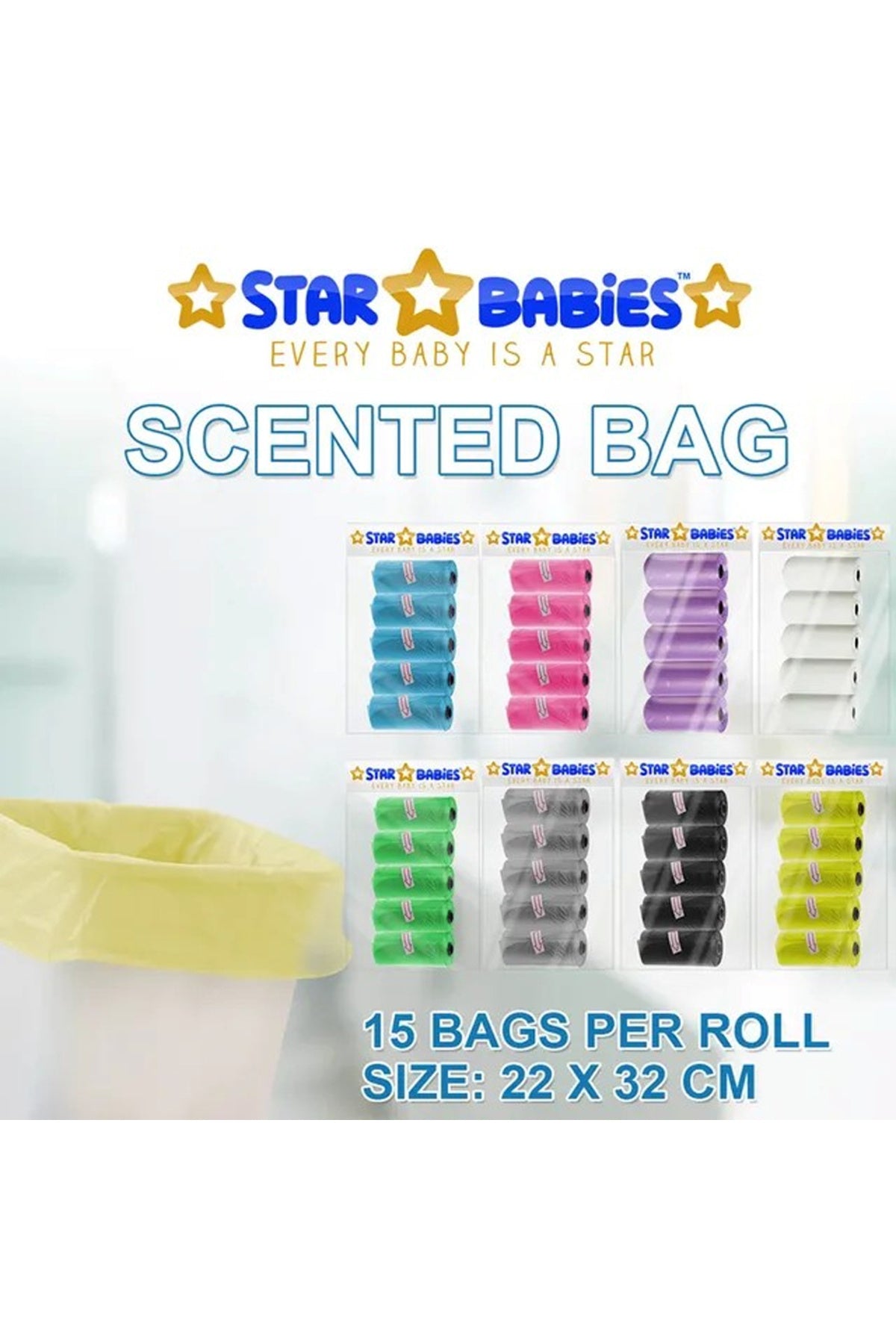 Star Babies - Pack of 5/75 Bags Scented Bag Yellow & Assorted Dispenser