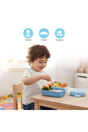 MOON Fiesta Kids Two-Tier Bento Lunch Box – BPA-Free, Leakproof, Stackable with Spoon & Seasoning Box – Blue