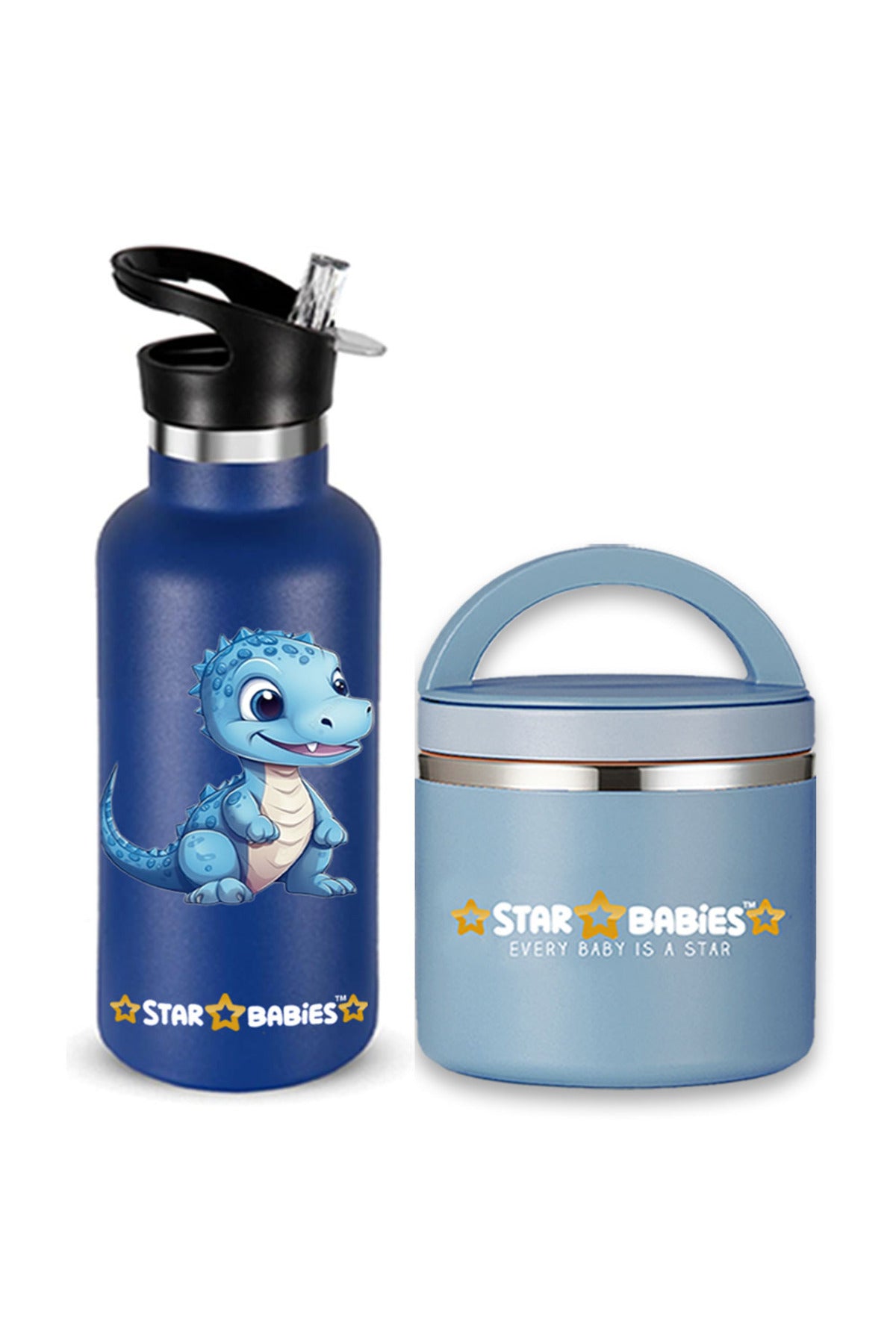 Star Babies Dino Theme Anti Spil Stainless Steel 500ml Water Bottles, Vacuum Insulated Double Wall Travel Bottle with Leak-Proof hot and cold with a special Straw 3 to 6 Years-  Navy Blue With food jar Blue - 500ml
