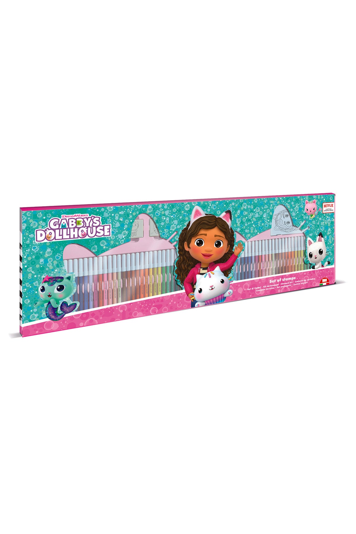Gabby’s Dollhouse Mega Stationery Set – 60 Felt Tip Pens, 10 Pencil Crayons, 10 Wax Crayons, 6 Stamps, Ink Pad, Coloring Book, Notebook & 30 Stickers – Kids Creative Art Set
