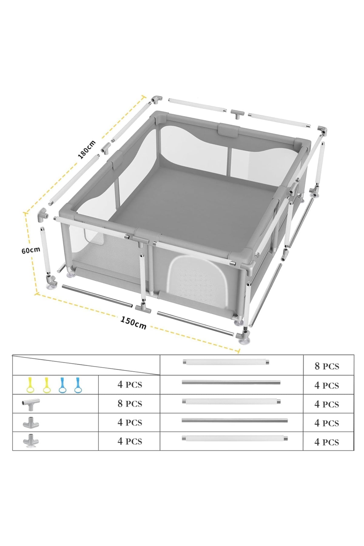 Star Babies - Baby Playpen With 4 Pull-Up Rings - Dark Grey - 180 x 150 cm