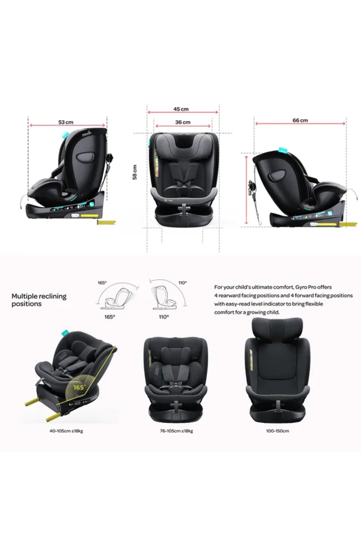 MOON Gyro Pro i-Size 360° Rotating Car Seat w/ ISOFIX for 40-150cm (Group 0+-1-2-3) 0m to 12Yr- ECE R129/E4 – Grey