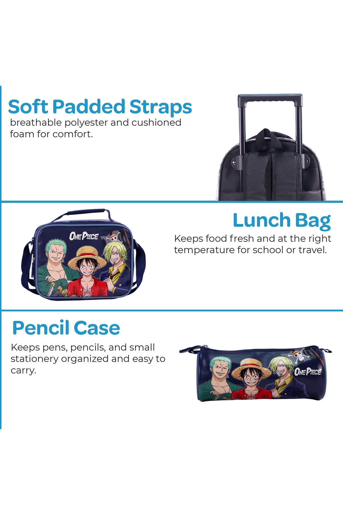MOON Licensed One Piece3 in 1 Kids Trolley Set   - (16-Inch) Premium Kids School Bag with Lunch Bag & Pencil Case-Blue